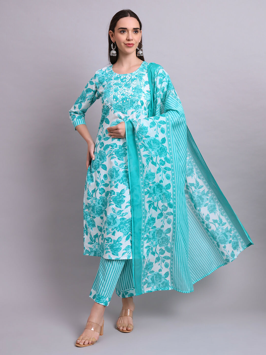 Joban Fashion Green Cotton Floral Printed & Embroidery Work Kurta With Trousers & Dupatta Set | Grocsy