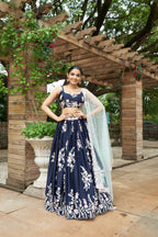 House of Panchhi Navy Blue Pure Georgette Thread & Sequinse Work Lehenga & Blouse, Dupatta | Grocsy