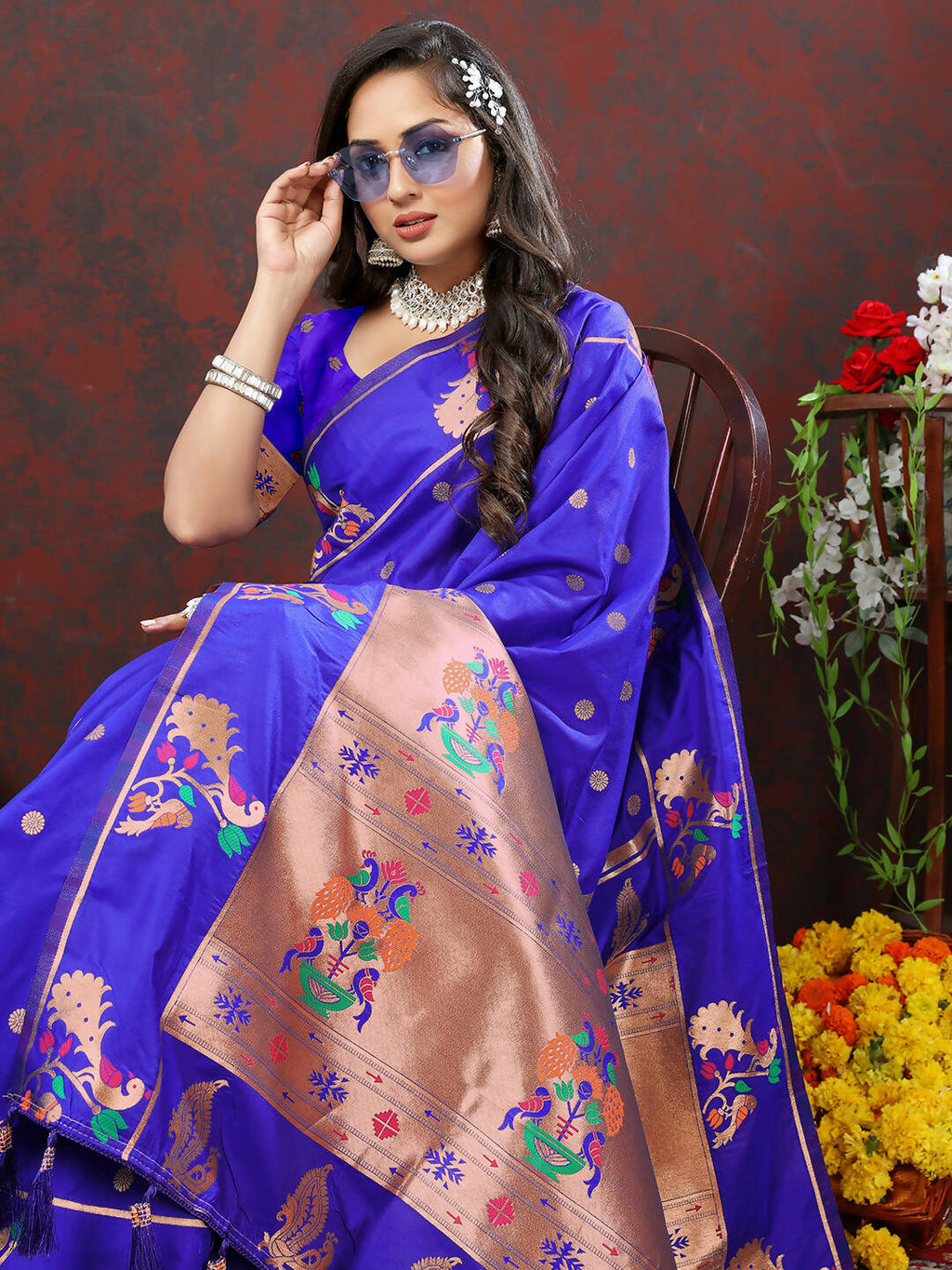 Lorenvalley Fashion Blue Soft Paithani Silk Woven Design Copper Zari Meenakari Weaving Saree | Grocsy