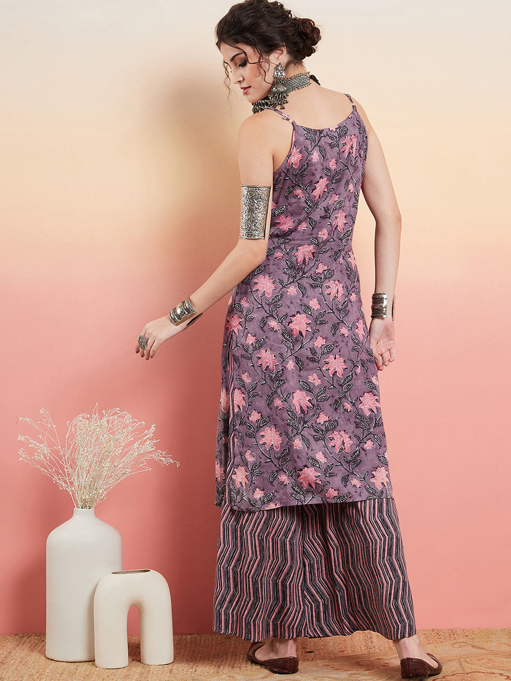 InWeave Women's Mauve Bagh Print Spaghetti Kurta Zig Zag Palazzo Set | Grocsy