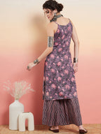InWeave Women's Mauve Bagh Print Spaghetti Kurta Zig Zag Palazzo Set | Grocsy