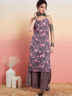 InWeave Women's Mauve Bagh Print Spaghetti Kurta Zig Zag Palazzo Set | Grocsy