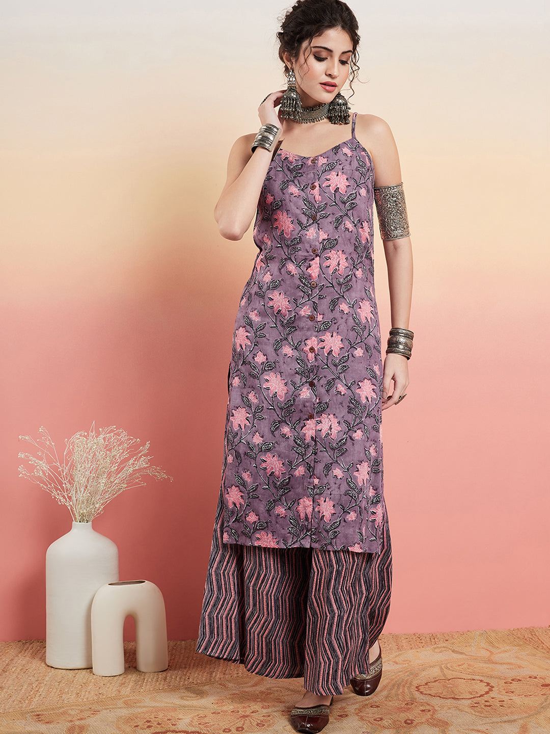 InWeave Women's Mauve Bagh Print Spaghetti Kurta Zig Zag Palazzo Set | Grocsy
