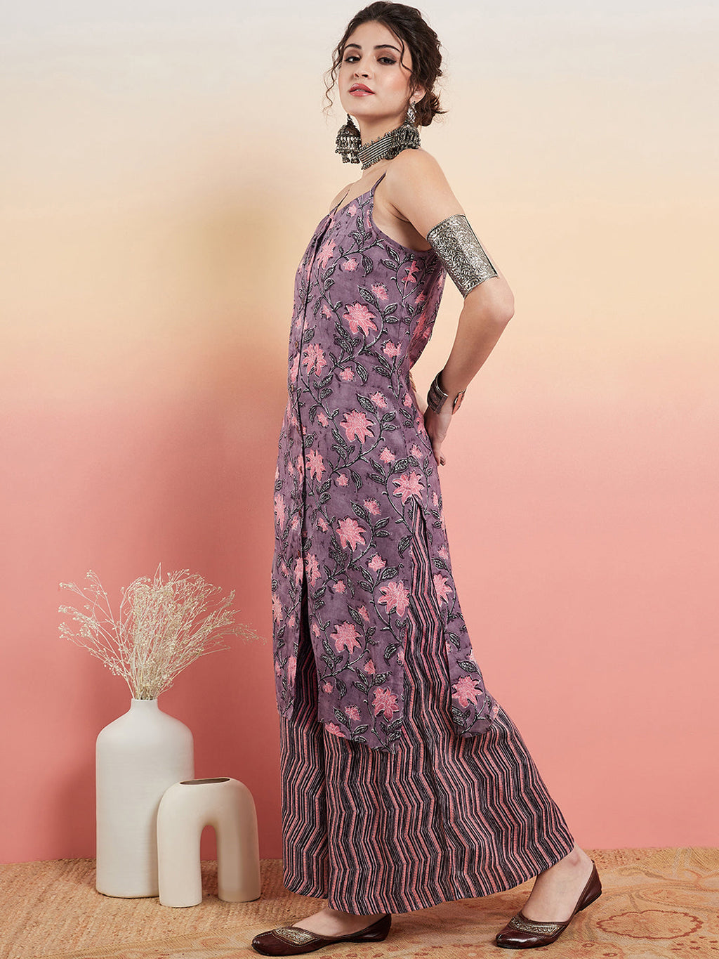InWeave Women's Mauve Bagh Print Spaghetti Kurta Zig Zag Palazzo Set | Grocsy