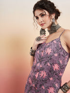 InWeave Women's Mauve Bagh Print Spaghetti Kurta Zig Zag Palazzo Set | Grocsy