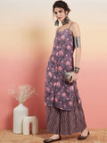 InWeave Women's Mauve Bagh Print Spaghetti Kurta Zig Zag Palazzo Set | Grocsy