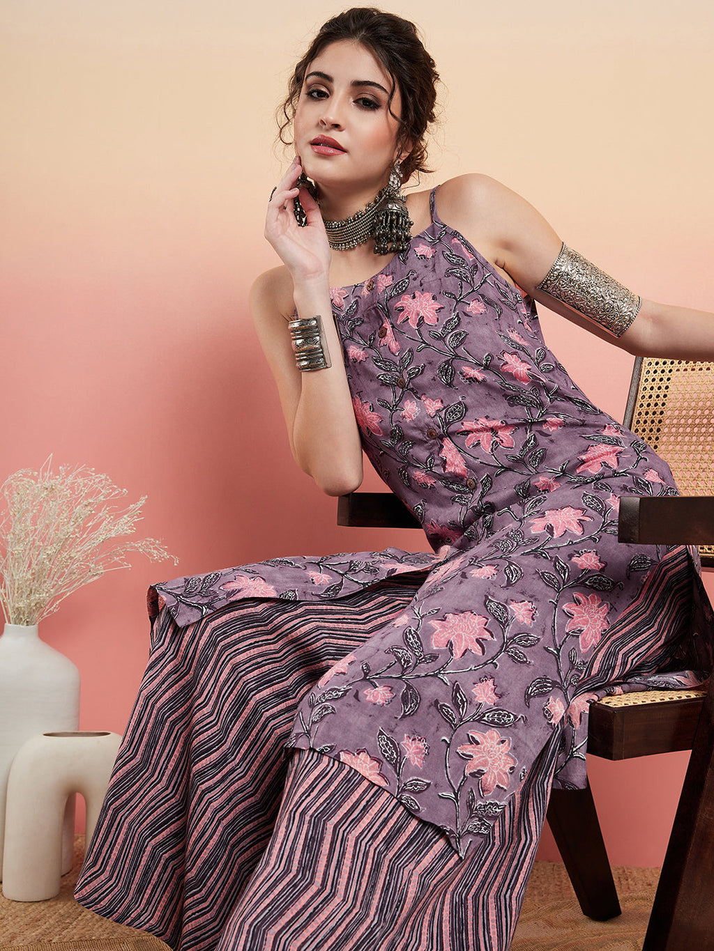 InWeave Women's Mauve Bagh Print Spaghetti Kurta Zig Zag Palazzo Set | Grocsy