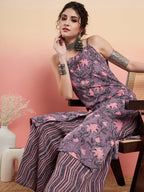 InWeave Women's Mauve Bagh Print Spaghetti Kurta Zig Zag Palazzo Set | Grocsy