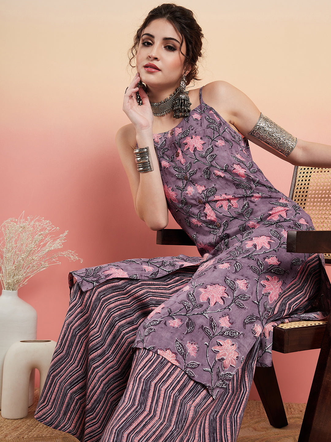 InWeave Women's Mauve Bagh Print Spaghetti Kurta Zig Zag Palazzo Set | Grocsy