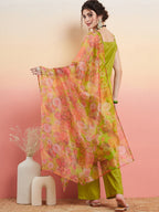 InWeave Women's Lime Green Lurex Strappy Straight Kurta Set W Organza Dupatta | Grocsy