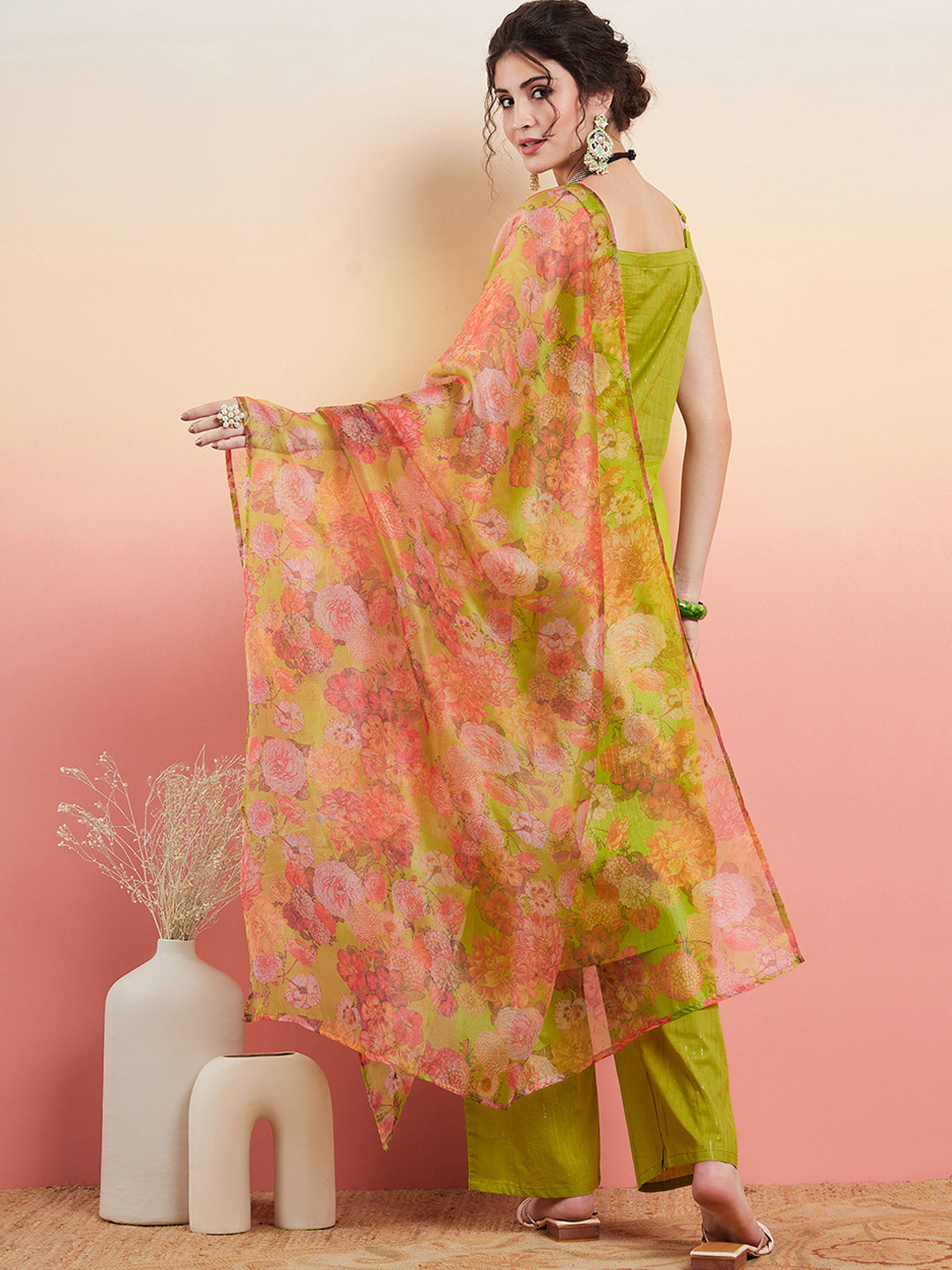 InWeave Women's Lime Green Lurex Strappy Straight Kurta Set W Organza Dupatta | Grocsy