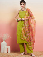 InWeave Women's Lime Green Lurex Strappy Straight Kurta Set W Organza Dupatta | Grocsy