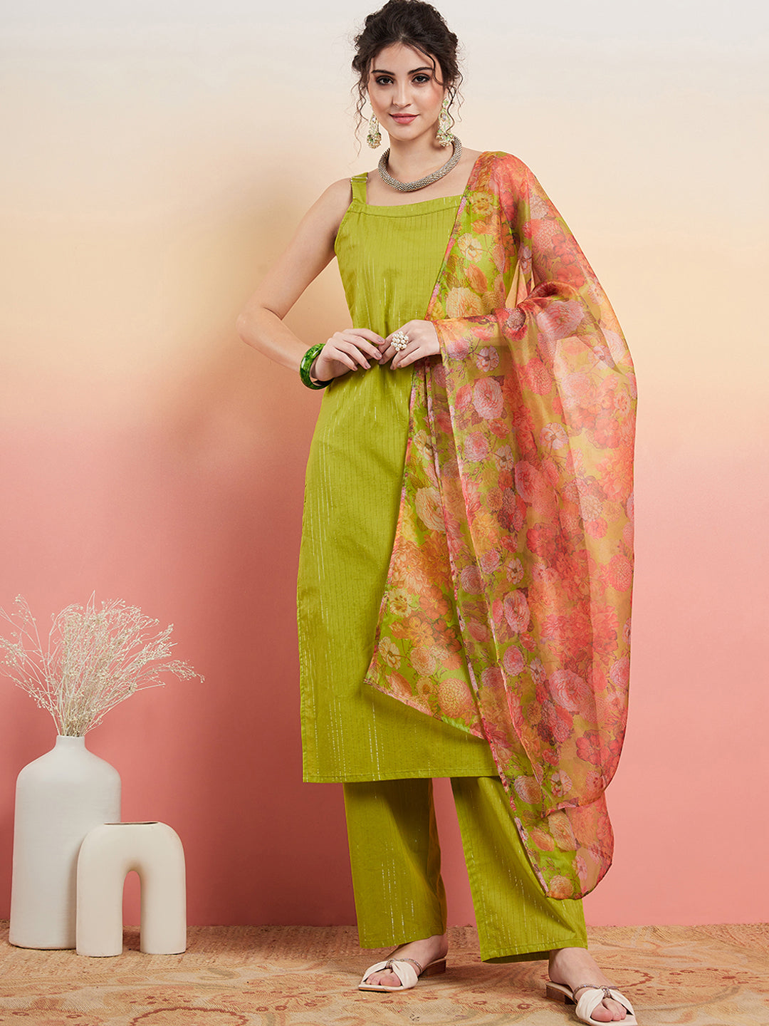 InWeave Women's Lime Green Lurex Strappy Straight Kurta Set W Organza Dupatta | Grocsy