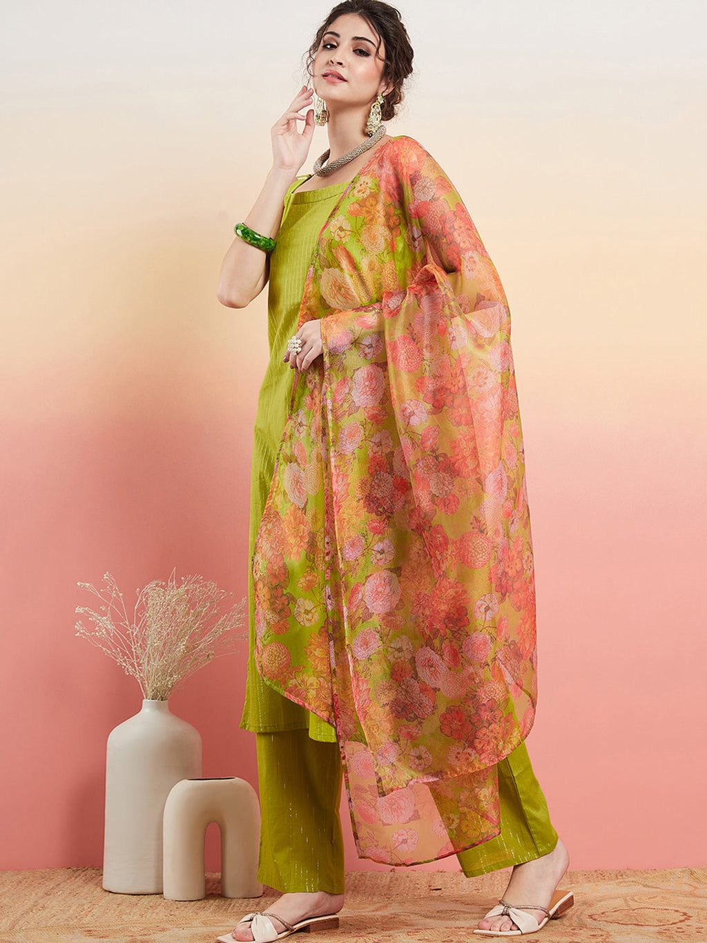 InWeave Women's Lime Green Lurex Strappy Straight Kurta Set W Organza Dupatta | Grocsy