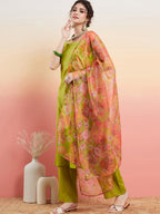 InWeave Women's Lime Green Lurex Strappy Straight Kurta Set W Organza Dupatta | Grocsy