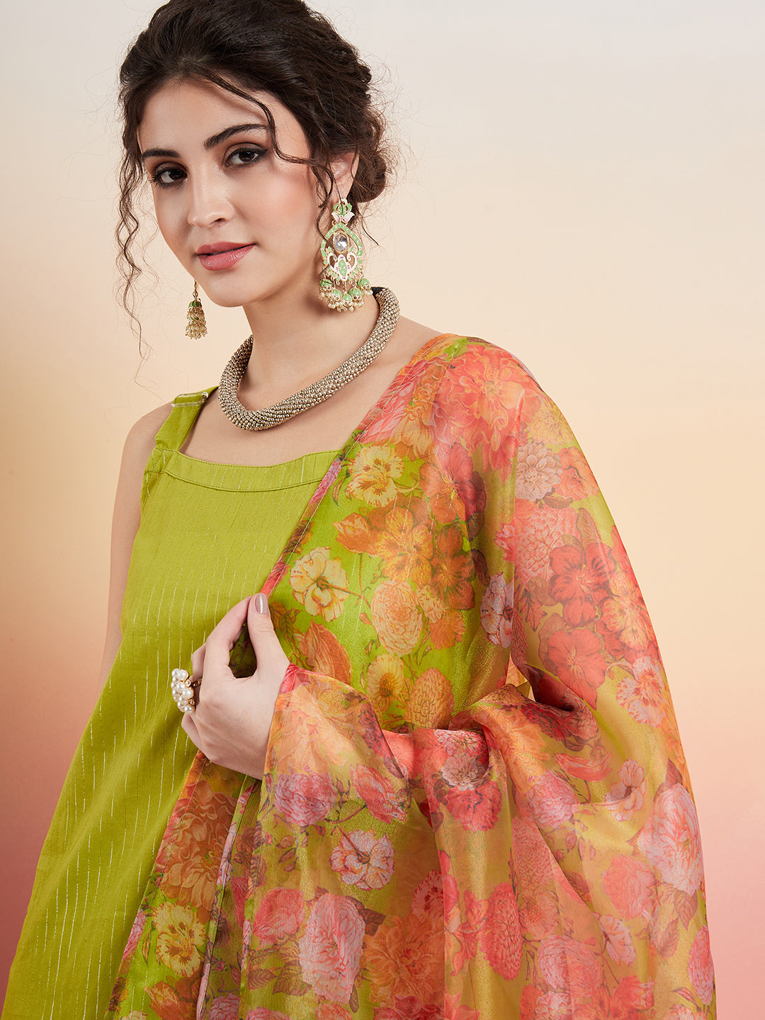InWeave Women's Lime Green Lurex Strappy Straight Kurta Set W Organza Dupatta | Grocsy