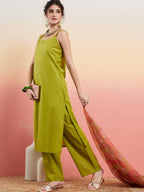 InWeave Women's Lime Green Lurex Strappy Straight Kurta Set W Organza Dupatta | Grocsy