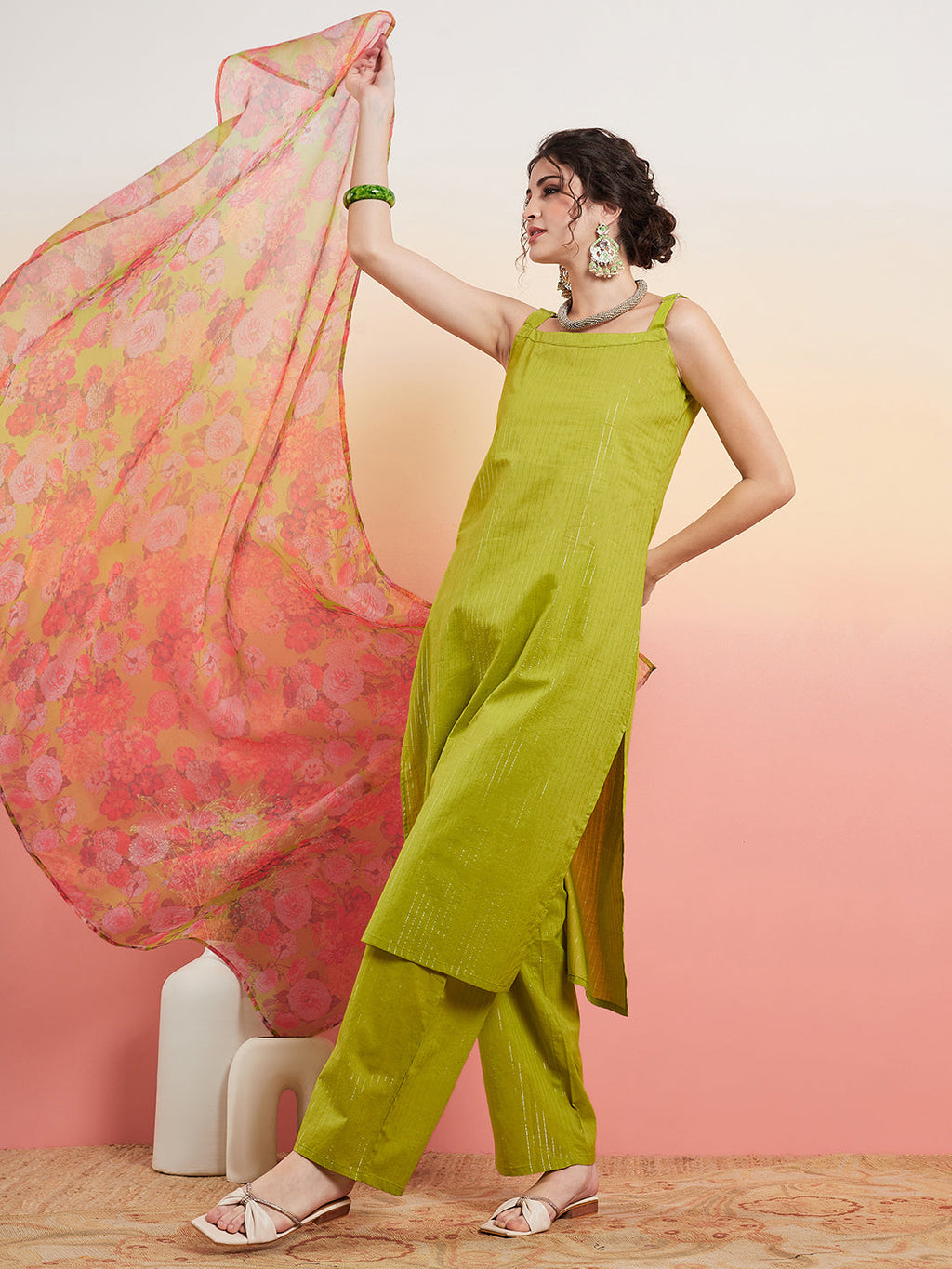 InWeave Women's Lime Green Lurex Strappy Straight Kurta Set W Organza Dupatta | Grocsy