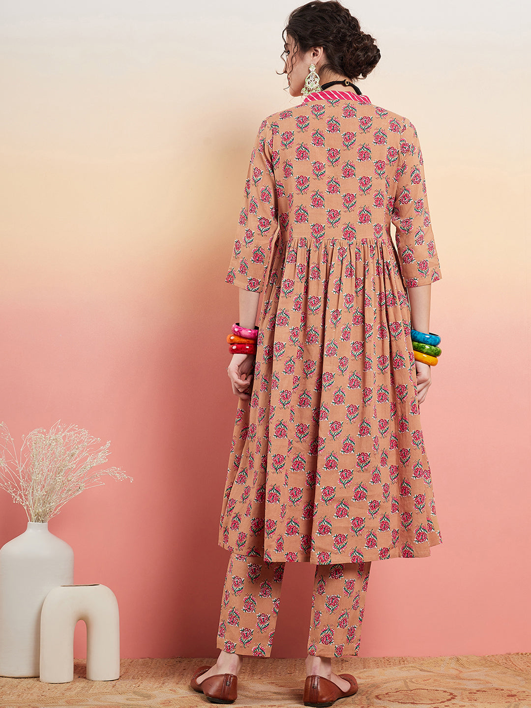 InWeave Women's Beige Pink Floral Pink White Leh V Neck Kurta Set | Grocsy