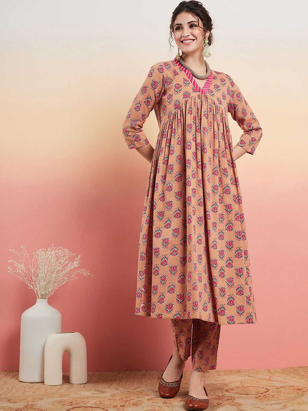 InWeave Women's Beige Pink Floral Pink White Leh V Neck Kurta Set | Grocsy