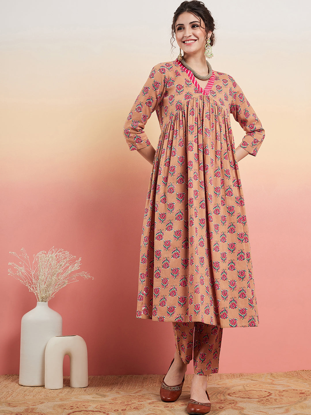 InWeave Women's Beige Pink Floral Pink White Leh V Neck Kurta Set | Grocsy