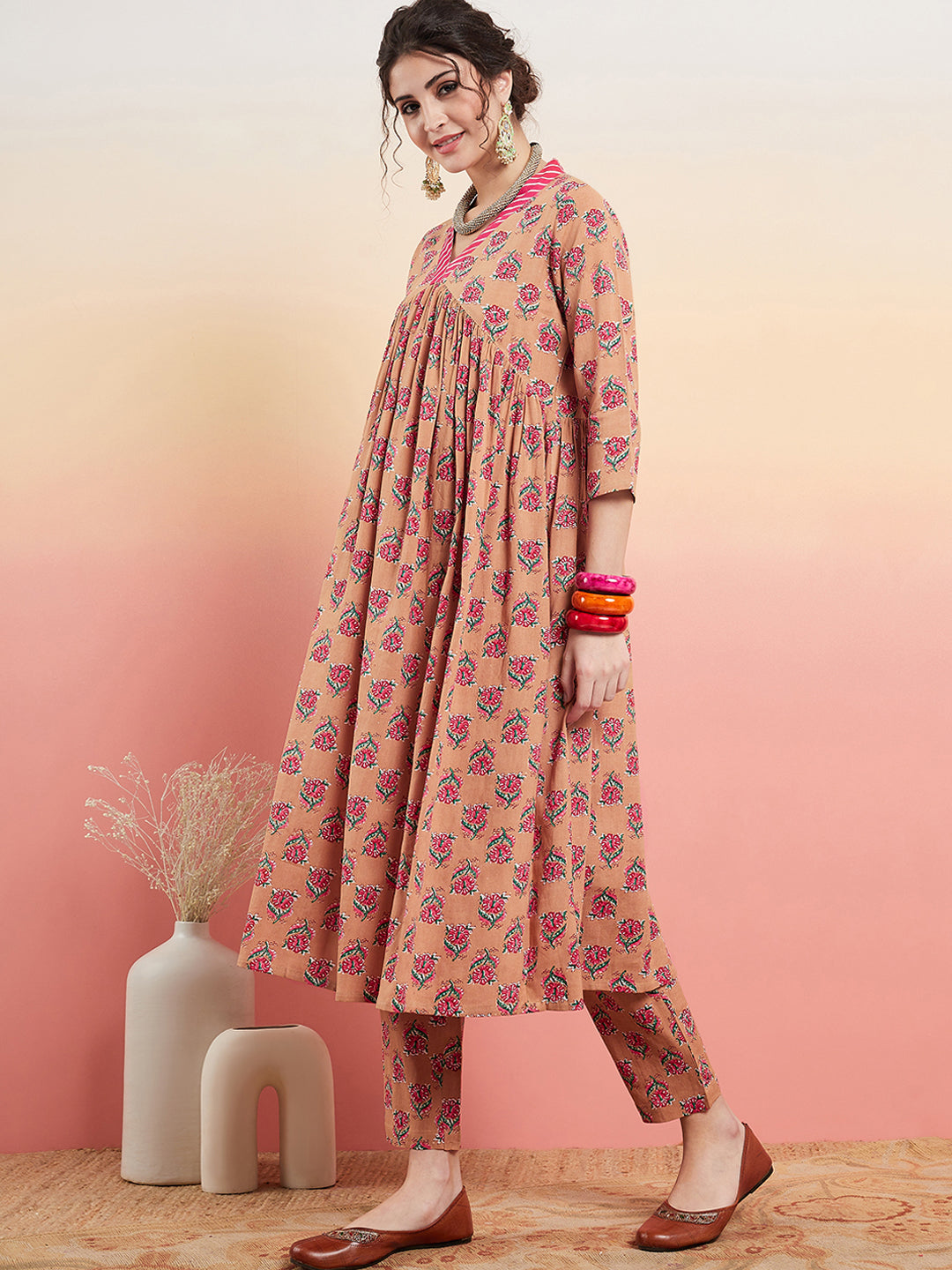 InWeave Women's Beige Pink Floral Pink White Leh V Neck Kurta Set | Grocsy