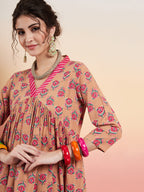 InWeave Women's Beige Pink Floral Pink White Leh V Neck Kurta Set | Grocsy