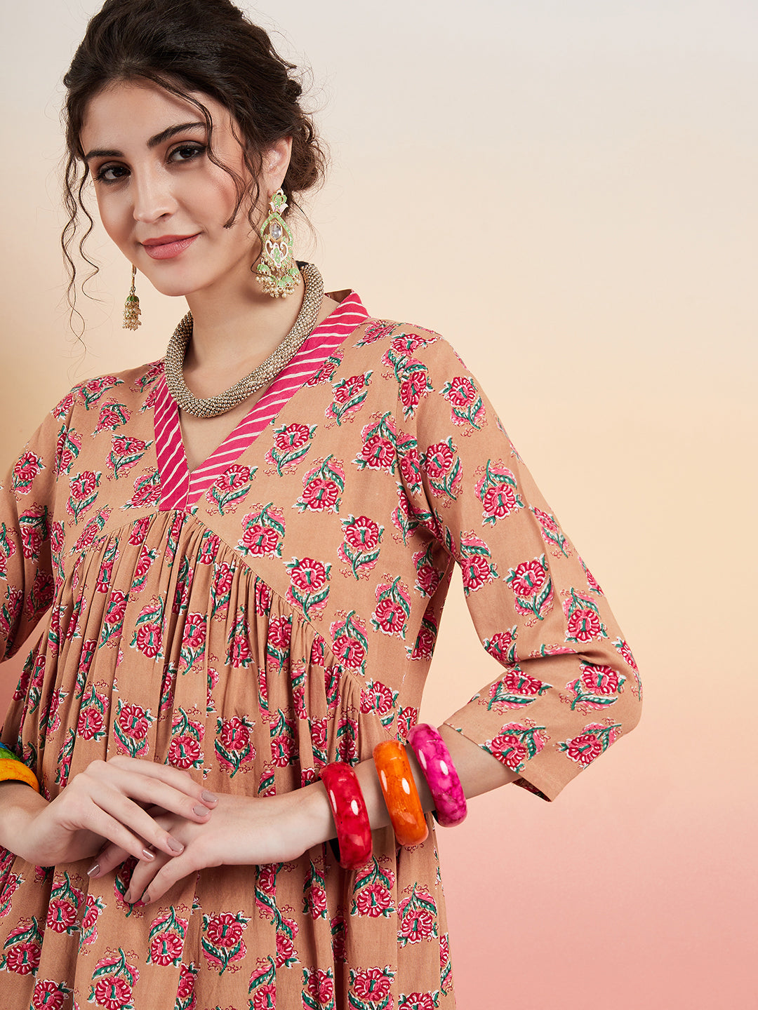 InWeave Women's Beige Pink Floral Pink White Leh V Neck Kurta Set | Grocsy