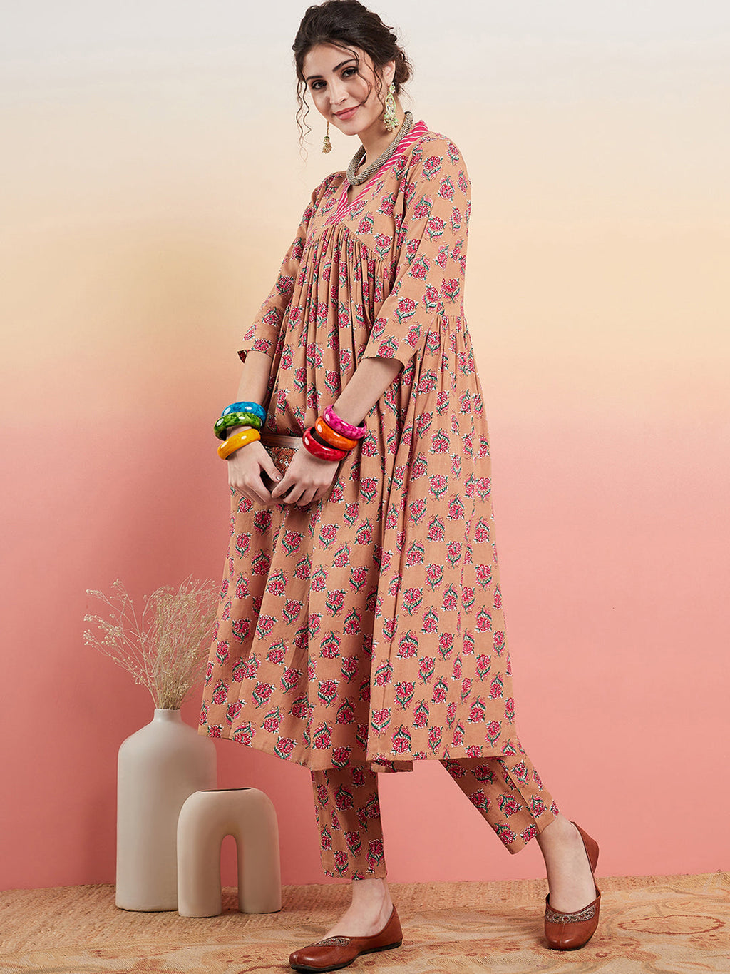 InWeave Women's Beige Pink Floral Pink White Leh V Neck Kurta Set | Grocsy