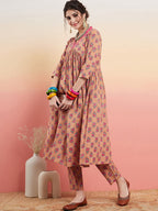 InWeave Women's Beige Pink Floral Pink White Leh V Neck Kurta Set | Grocsy