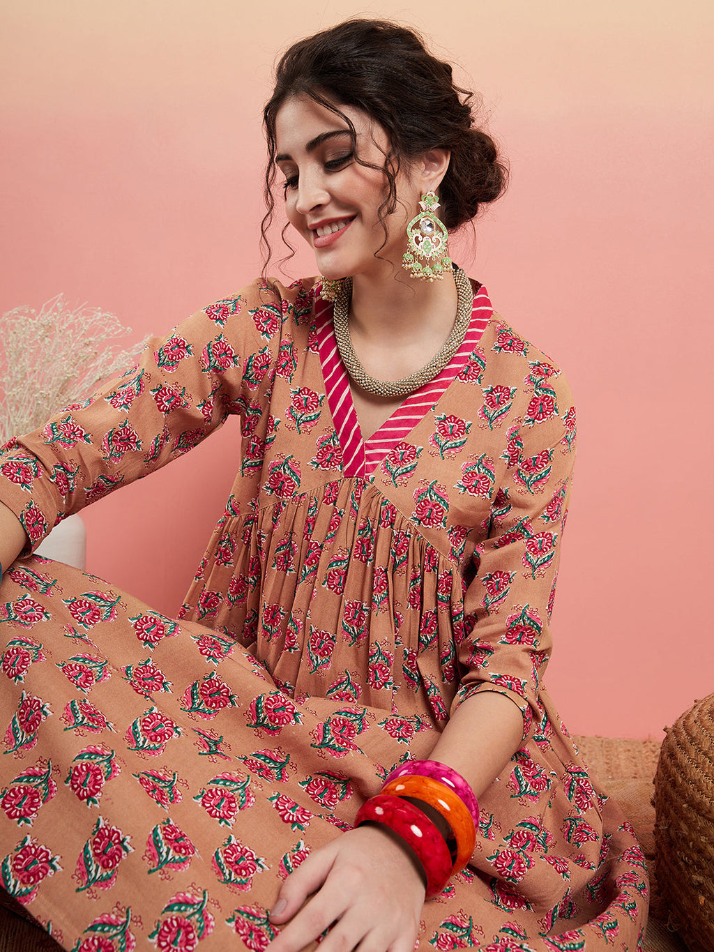 InWeave Women's Beige Pink Floral Pink White Leh V Neck Kurta Set | Grocsy