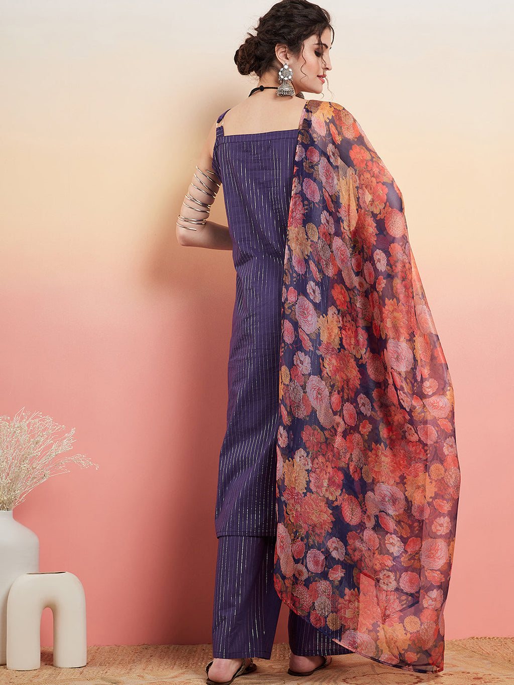 InWeave Women's Purple Lurex Strapp Straight Kurta Set W Organza Dupatta | Grocsy
