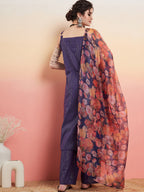 InWeave Women's Purple Lurex Strapp Straight Kurta Set W Organza Dupatta | Grocsy
