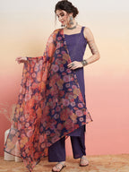 InWeave Women's Purple Lurex Strapp Straight Kurta Set W Organza Dupatta | Grocsy