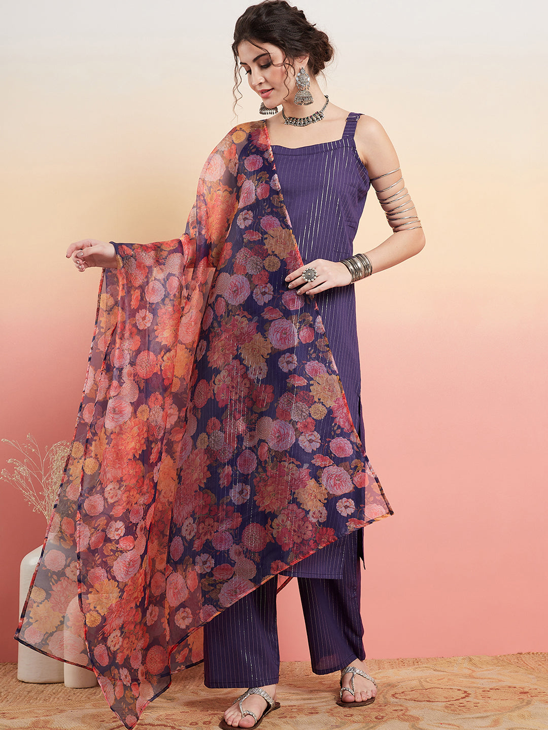 InWeave Women's Purple Lurex Strapp Straight Kurta Set W Organza Dupatta | Grocsy