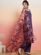 InWeave Women's Purple Lurex Strapp Straight Kurta Set W Organza Dupatta | Grocsy