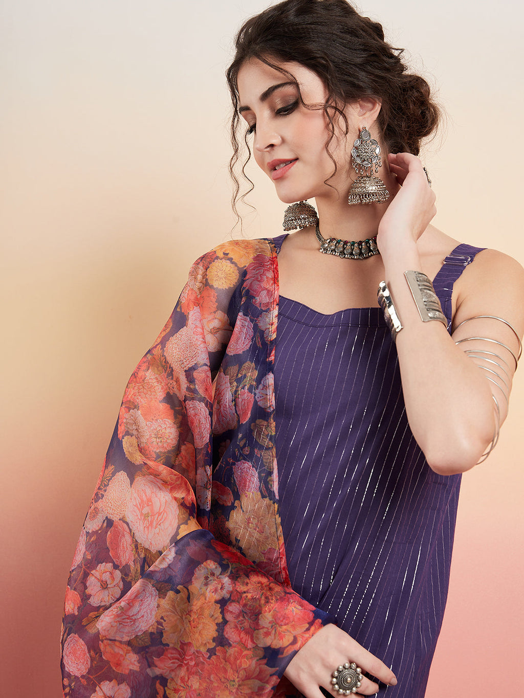 InWeave Women's Purple Lurex Strapp Straight Kurta Set W Organza Dupatta | Grocsy