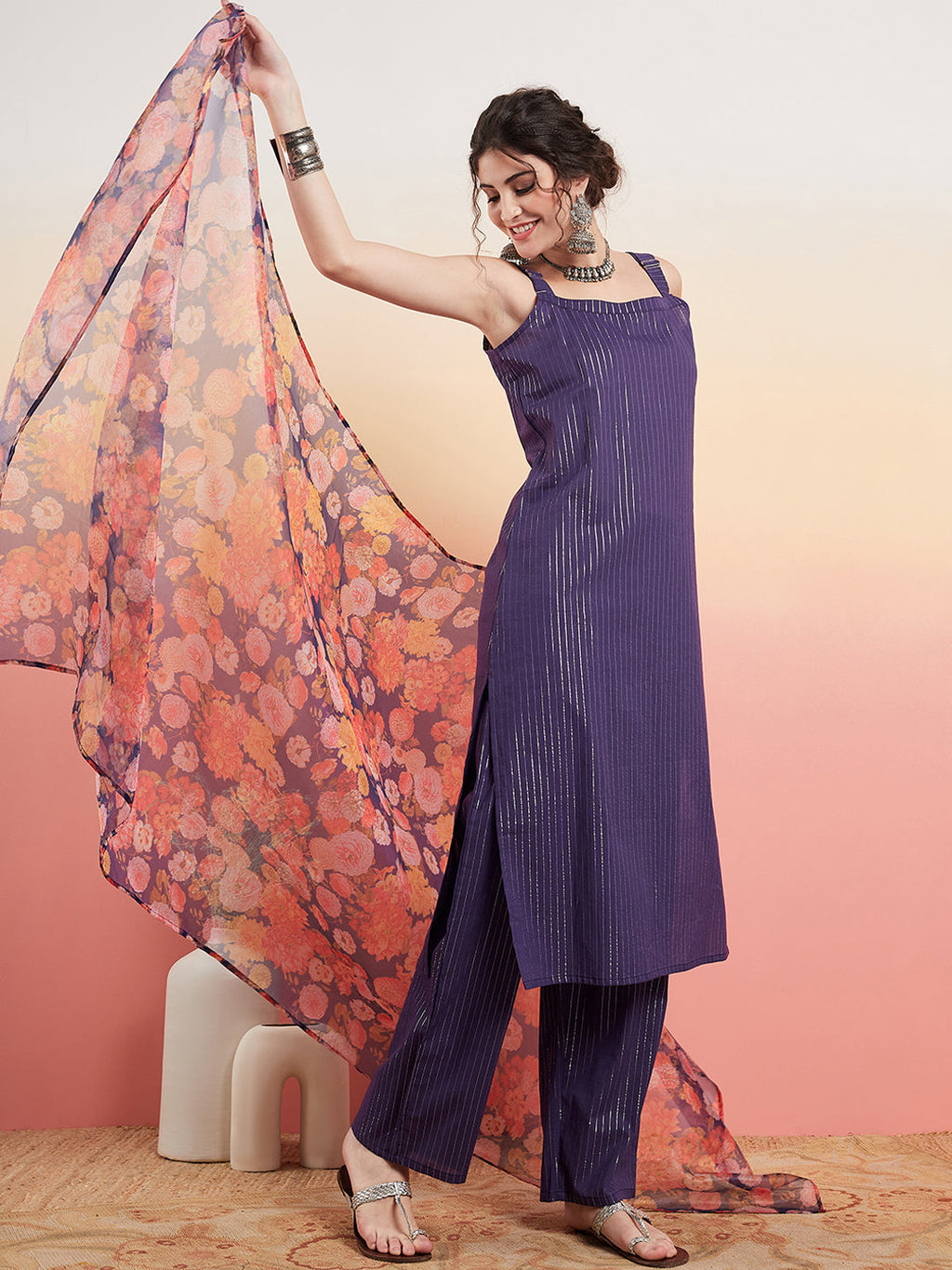 InWeave Women's Purple Lurex Strapp Straight Kurta Set W Organza Dupatta | Grocsy