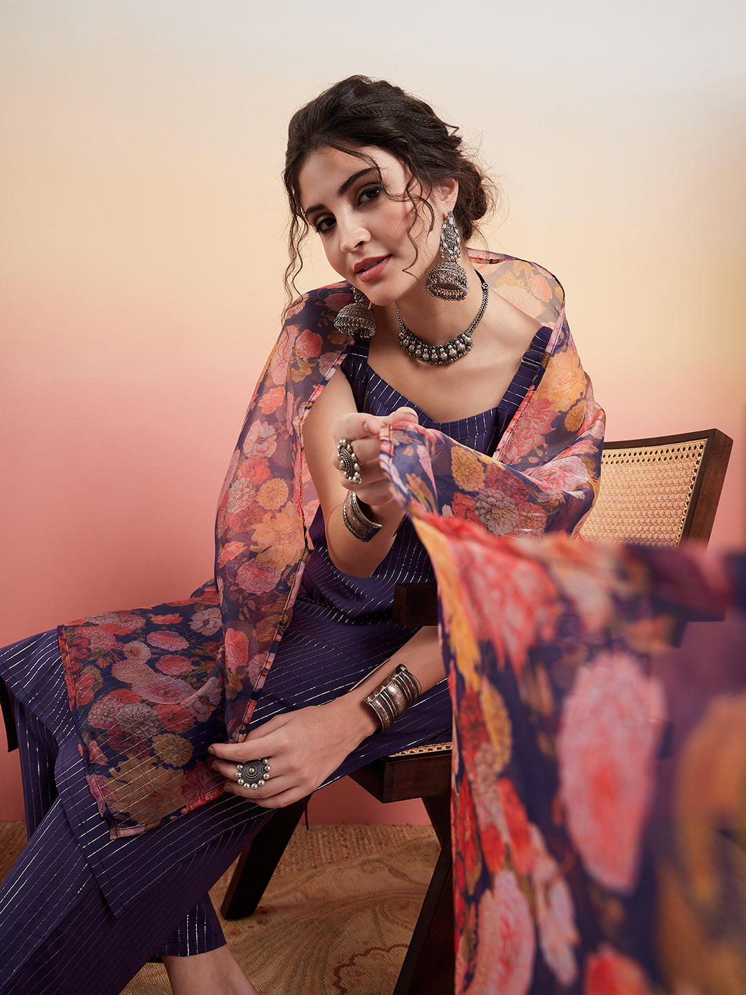 InWeave Women's Purple Lurex Strapp Straight Kurta Set W Organza Dupatta | Grocsy