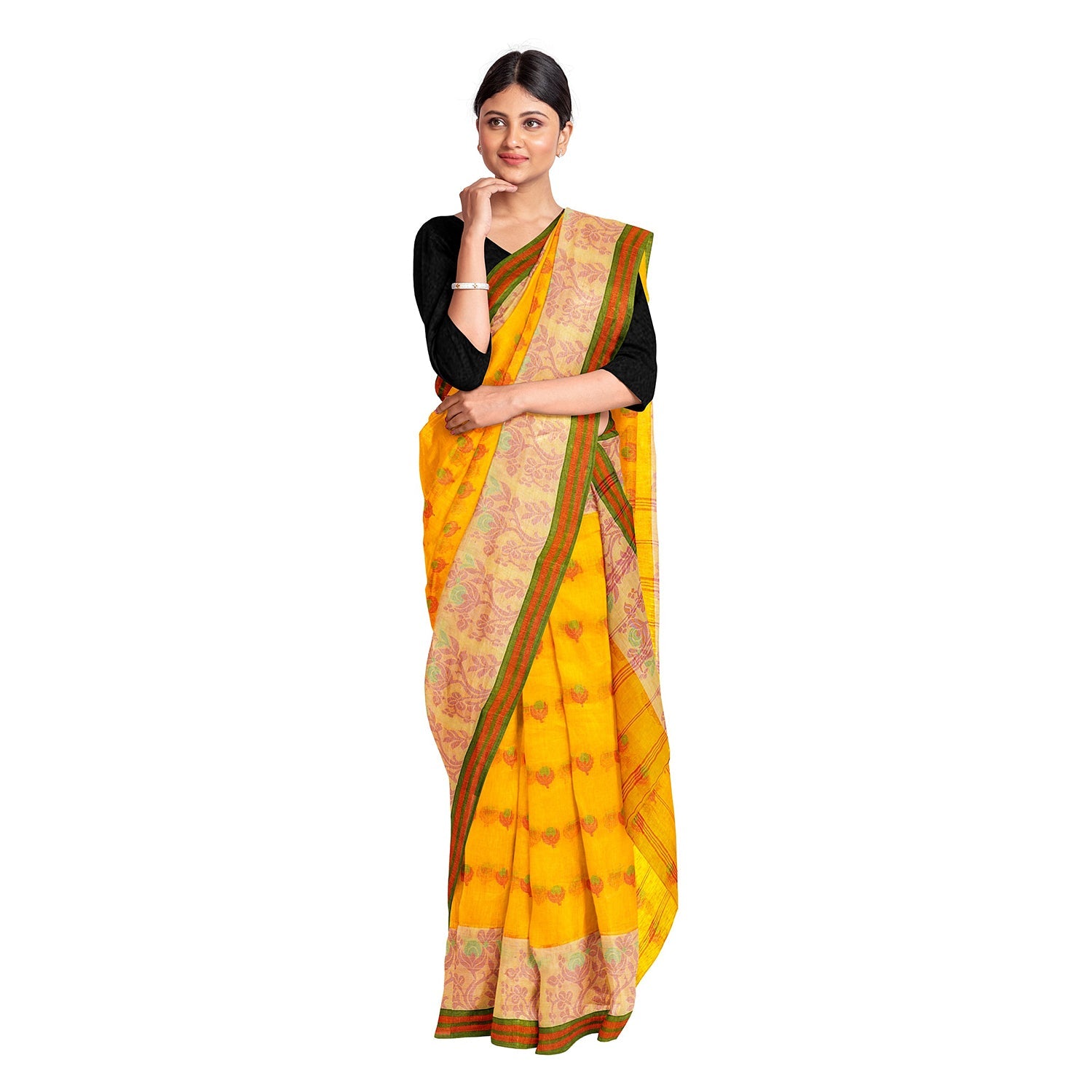 Exclusive Collection 100% Pure Cotton Yellow Tant Saree With Hand Weaving Work | Grocsy