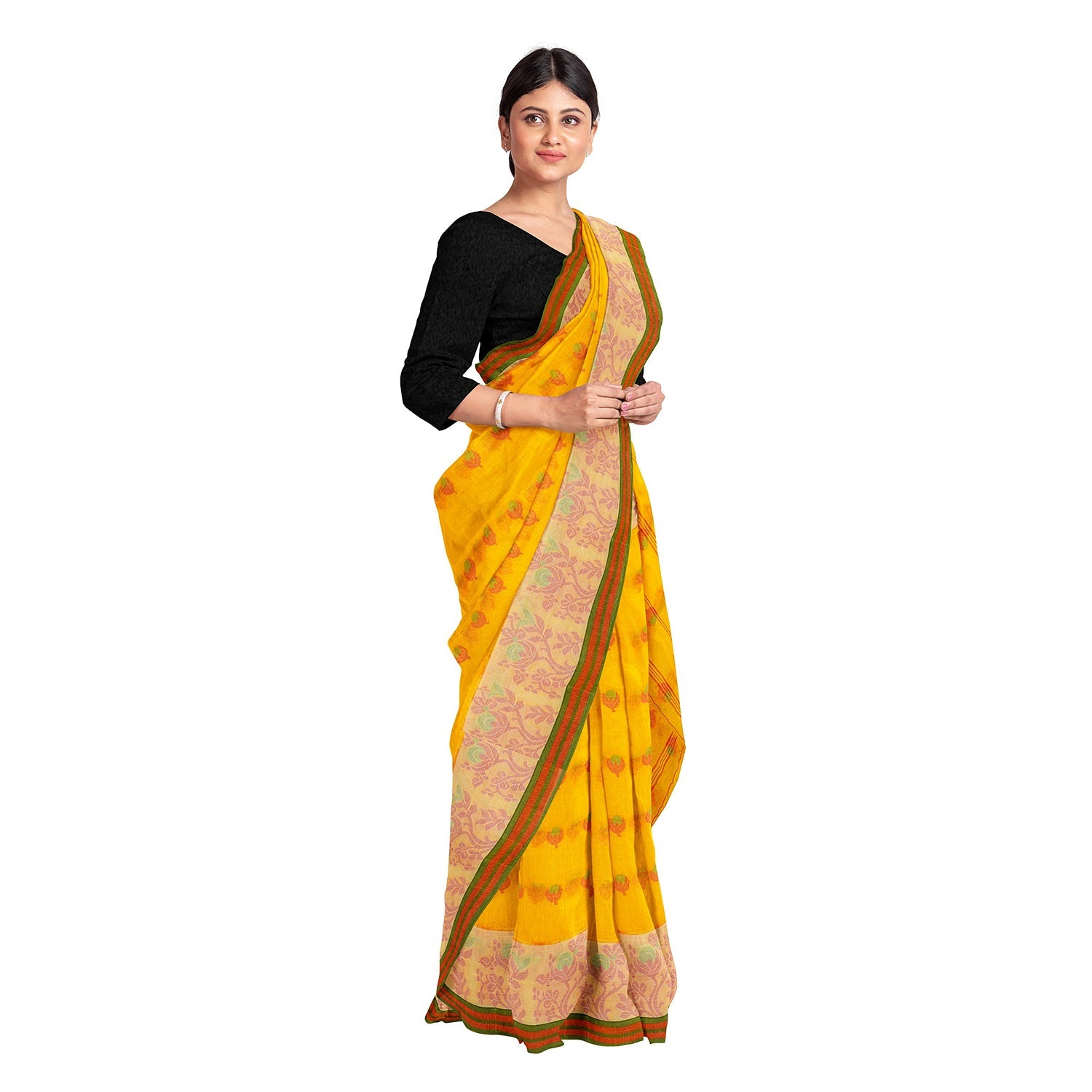 Exclusive Collection 100% Pure Cotton Yellow Tant Saree With Hand Weaving Work | Grocsy