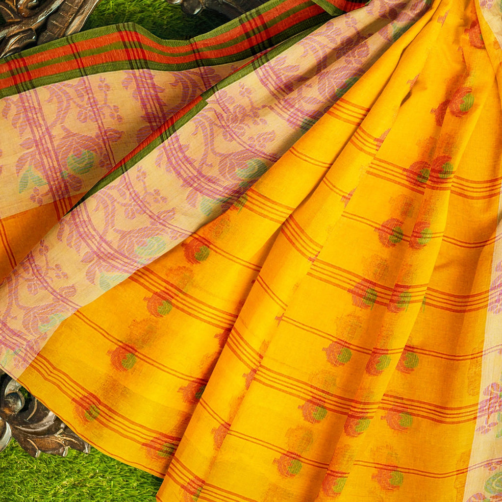 Exclusive Collection 100% Pure Cotton Yellow Tant Saree With Hand Weaving Work | Grocsy