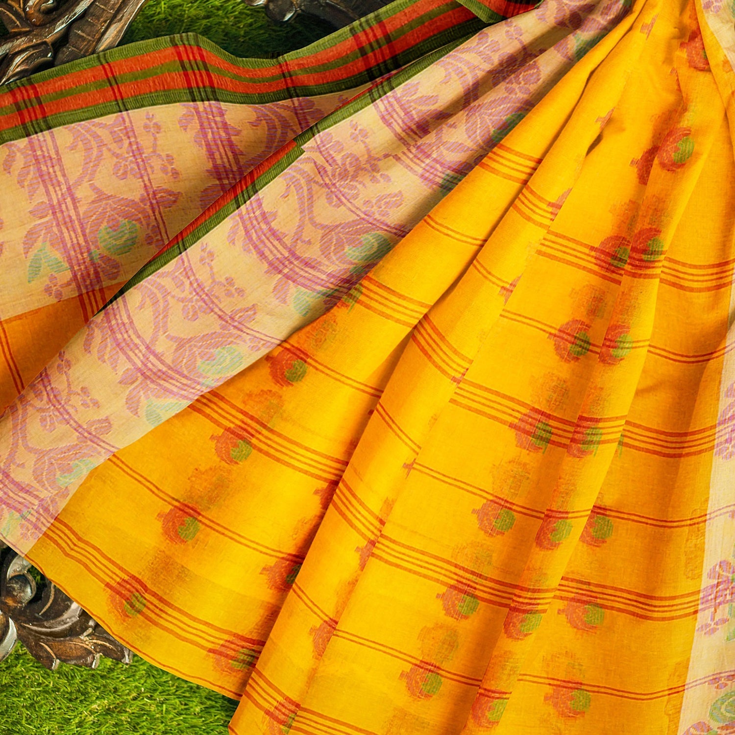 Exclusive Collection 100% Pure Cotton Yellow Tant Saree With Hand Weaving Work | Grocsy