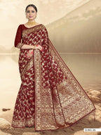 Vardha Maroon Red Woven Banarasi Saree | Grocsy