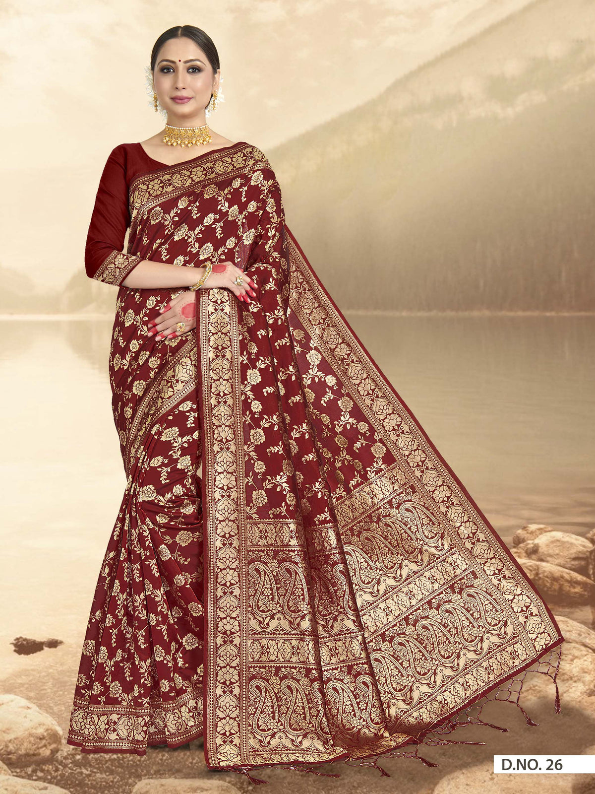 Vardha Maroon Red Woven Banarasi Saree | Grocsy