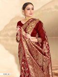 Vardha Maroon Red Woven Banarasi Saree | Grocsy
