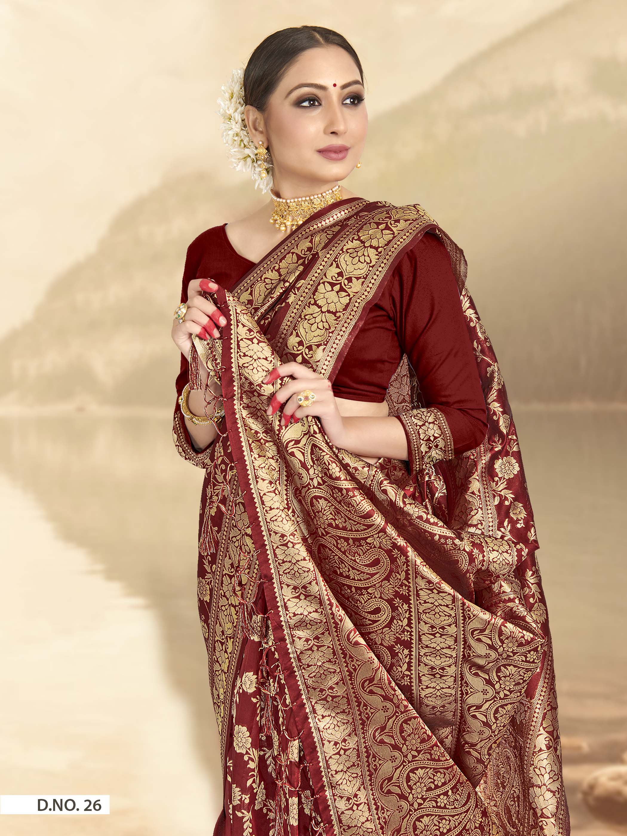 Vardha Maroon Red Woven Banarasi Saree | Grocsy