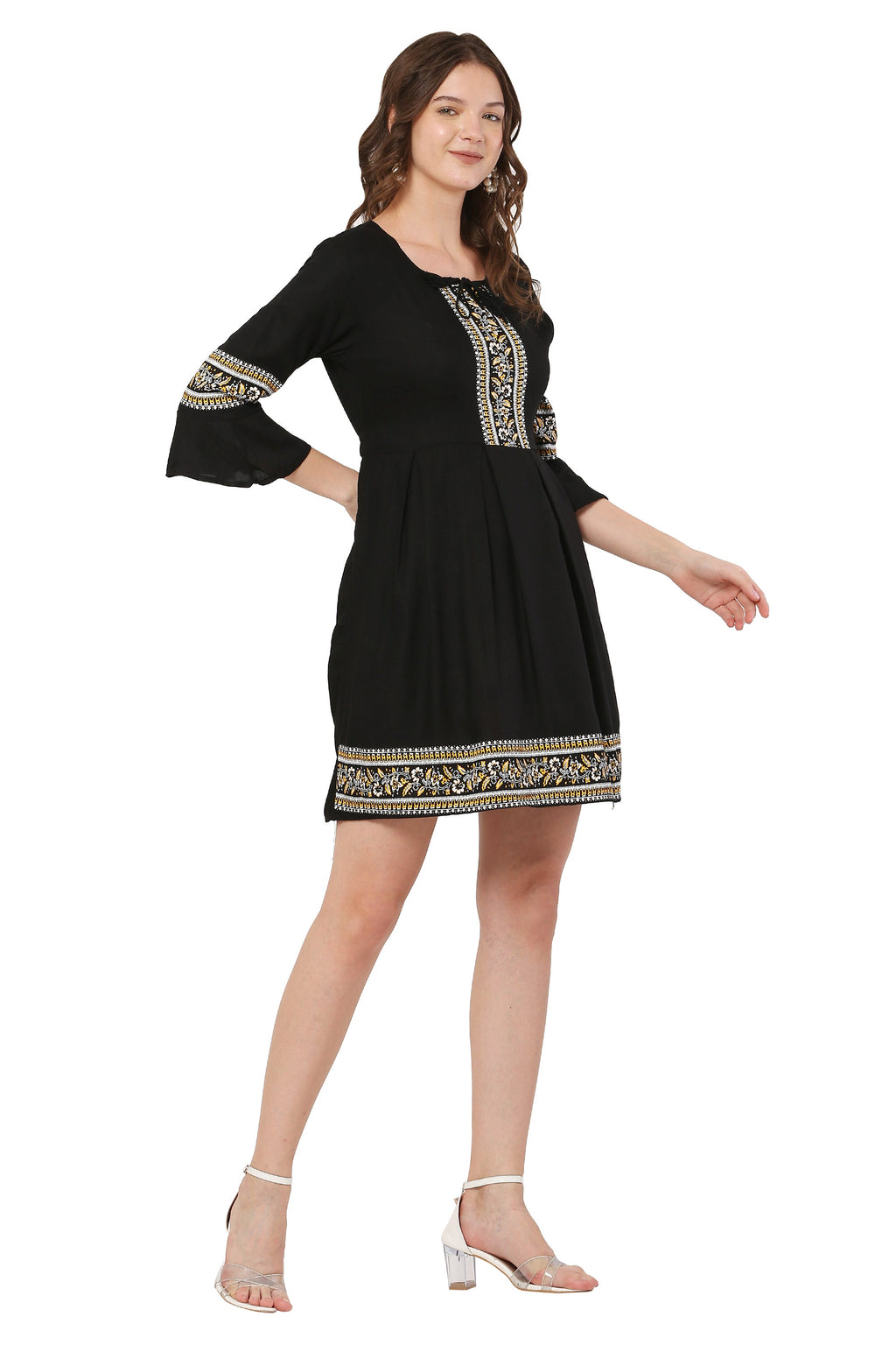 PAVONINE Black Color Rayon Fabric Printed Short Midi For Girls | Grocsy