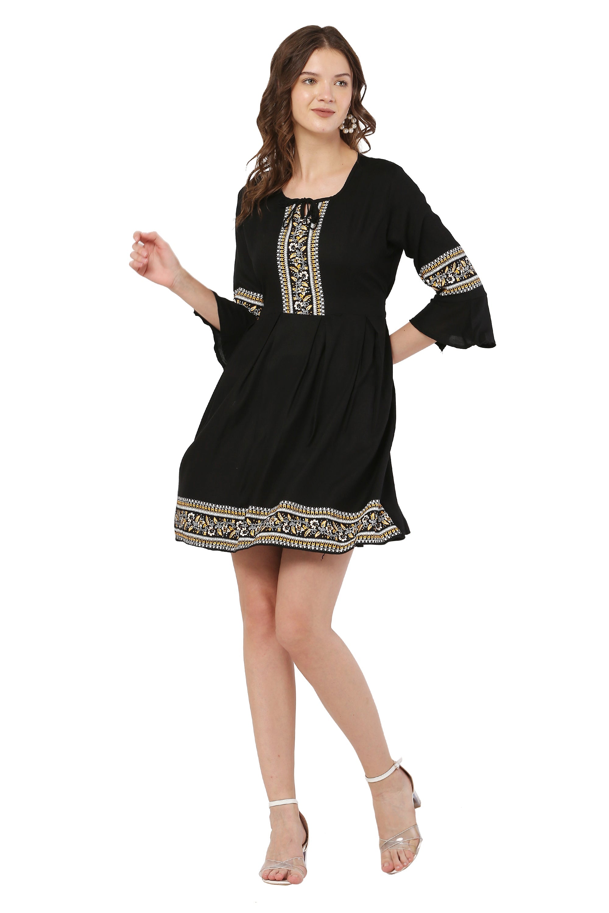 PAVONINE Black Color Rayon Fabric Printed Short Midi For Girls | Grocsy