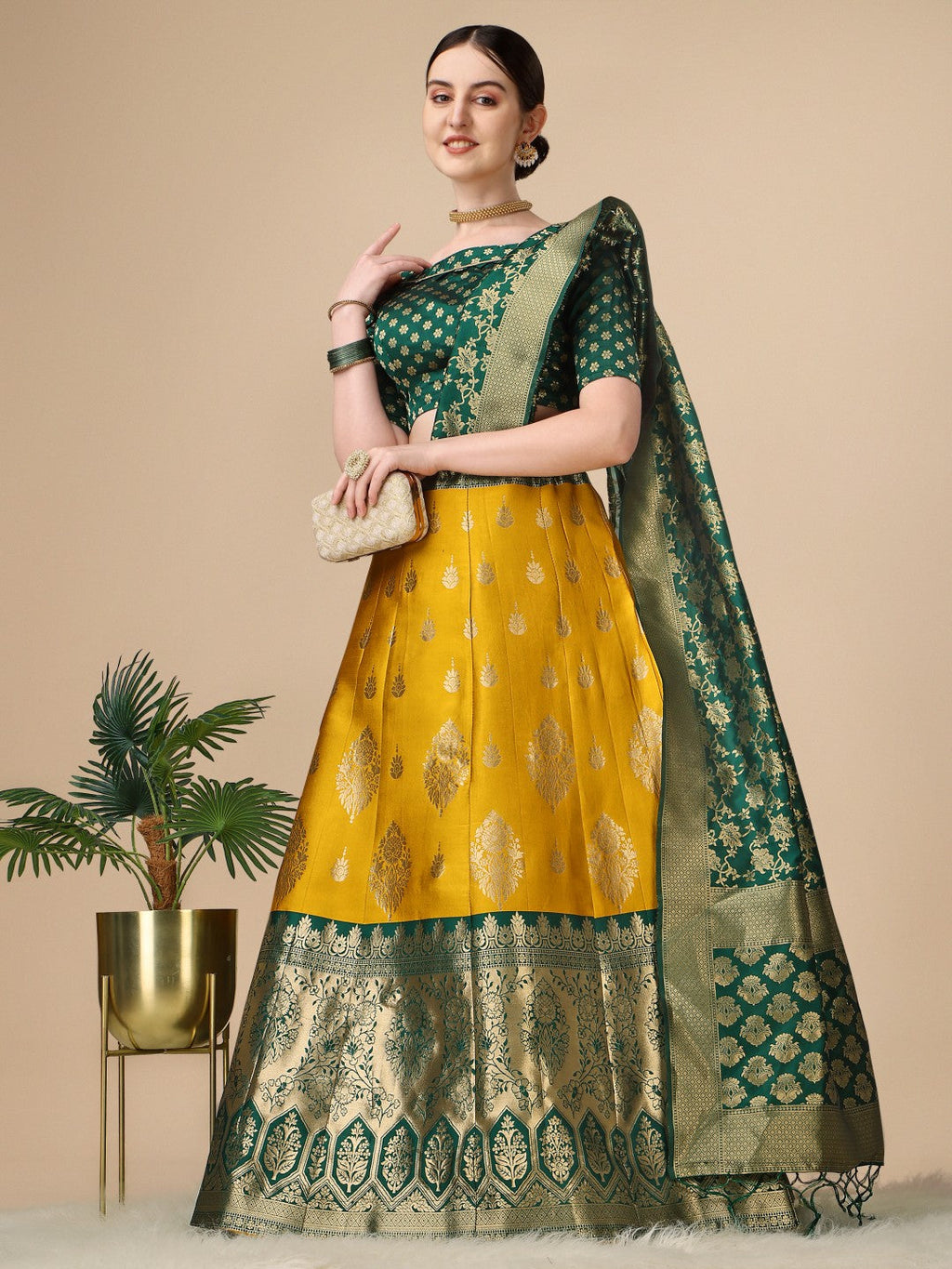 Lorenvalley Fashion Yellow Brocade Fabric Lehenga & Unstitched Blouse With Dupatta | Grocsy